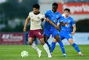 9 May 2025; Moses Dyer of Galway United in action against James Olayinka of Waterford during the SSE Airtricity Men's Premier Division match between Waterford and Galway United at the Regional Sports Centre in Waterford. Photo by Matt Browne/Sportsfile