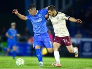 9 May 2025; Tommy Lonegan of Waterford in action against Colm Horgan of Galway United during the SSE Airtricity Men's Premier Division match between Waterford and Galway United at the Regional Sports Centre in Waterford. Photo by Matt Browne/Sportsfile