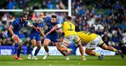 10 May 2025; Robbie Henshaw of Leinster in action against Zebre Parma players Iacopo Bianchi, 7, and Ion Neculai during the United Rugby Championship match between Leinster and Zebre Parma at the Aviva Stadium in Dublin. Photo by Seb Daly/Sportsfile