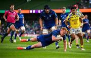 10 May 2025; Ciarán Frawley of Leinster scores his side's 10th try during the United Rugby Championship match between Leinster and Zebre Parma at the Aviva Stadium in Dublin. Photo by Seb Daly/Sportsfile