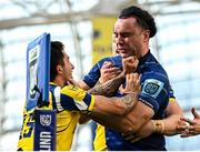10 May 2025; James Lowe of Leinster tussles with Zebre Parma's Jacopo Trulla during the United Rugby Championship match between Leinster and Zebre Parma at the Aviva Stadium in Dublin. Photo by Seb Daly/Sportsfile
