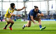 10 May 2025; James Lowe of Leinster scores his side's sixth try during the United Rugby Championship match between Leinster and Zebre Parma at the Aviva Stadium in Dublin. Photo by Seb Daly/Sportsfile