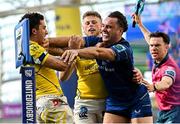 10 May 2025; James Lowe of Leinster tussles with Zebre Parma's Jacopo Trulla during the United Rugby Championship match between Leinster and Zebre Parma at the Aviva Stadium in Dublin. Photo by Seb Daly/Sportsfile