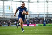 10 May 2025; James Lowe of Leinster on his way to scoring his side's sixth try during the United Rugby Championship match between Leinster and Zebre Parma at the Aviva Stadium in Dublin. Photo by Seb Daly/Sportsfile