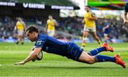 10 May 2025; Luke McGrath of Leinster scores his side's second try during the United Rugby Championship match between Leinster and Zebre Parma at the Aviva Stadium in Dublin. Photo by Seb Daly/Sportsfile