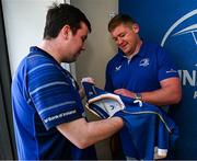 10 May 2025; Leinster players Tadhg Furlong, Tommy O'Brien and Alex Soroka with supporters in Autograph Alley before the United Rugby Championship match between Leinster and Zebre Parma at the Aviva Stadium in Dublin. Photo by Seb Daly/Sportsfile