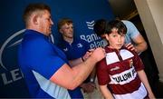 10 May 2025; Leinster players Tadhg Furlong, Tommy O'Brien and Alex Soroka with supporters in Autograph Alley before the United Rugby Championship match between Leinster and Zebre Parma at the Aviva Stadium in Dublin. Photo by Seb Daly/Sportsfile