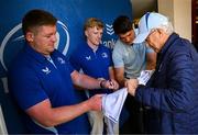 10 May 2025; Leinster players Tadhg Furlong, Tommy O'Brien and Alex Soroka with supporters in Autograph Alley before the United Rugby Championship match between Leinster and Zebre Parma at the Aviva Stadium in Dublin. Photo by Seb Daly/Sportsfile