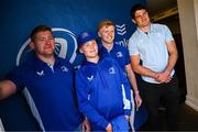 10 May 2025; Leinster players Tadhg Furlong, Tommy O'Brien and Alex Soroka with supporters in Autograph Alley before the United Rugby Championship match between Leinster and Zebre Parma at the Aviva Stadium in Dublin. Photo by Seb Daly/Sportsfile