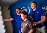 10 May 2025; Leinster players Tadhg Furlong, Tommy O'Brien and Alex Soroka with supporters in Autograph Alley before the United Rugby Championship match between Leinster and Zebre Parma at the Aviva Stadium in Dublin. Photo by Seb Daly/Sportsfile