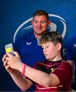 10 May 2025; Leinster players Tadhg Furlong, Tommy O'Brien and Alex Soroka with supporters in Autograph Alley before the United Rugby Championship match between Leinster and Zebre Parma at the Aviva Stadium in Dublin. Photo by Seb Daly/Sportsfile
