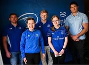 10 May 2025; Leinster players Tadhg Furlong, Tommy O'Brien and Alex Soroka with supporters in Autograph Alley before the United Rugby Championship match between Leinster and Zebre Parma at the Aviva Stadium in Dublin. Photo by Seb Daly/Sportsfile