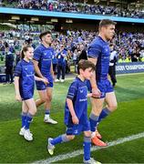 10 May 2025; Mascots walk out with Jimmy O'Brien and Garry Ringrose of Leinster before the United Rugby Championship match between Leinster and Zebre Parma at the Aviva Stadium in Dublin. Photo by Brendan Moran/Sportsfile