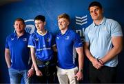 10 May 2025; Leinster players Tadhg Furlong, Tommy O'Brien and Alex Soroka with supporters in Autograph Alley before the United Rugby Championship match between Leinster and Zebre Parma at the Aviva Stadium in Dublin. Photo by Seb Daly/Sportsfile