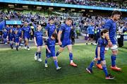 10 May 2025; Mascots walk out with Jimmy O'Brien, Garry Ringrose and Joe McCarthy of Leinster before the United Rugby Championship match between Leinster and Zebre Parma at the Aviva Stadium in Dublin. Photo by Brendan Moran/Sportsfile