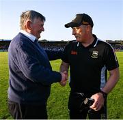10 May 2025; Tipperary manager Liam Cahill is congratulated by Sean Fogarty after the Munster GAA Hurling Senior Championship Round 3 match between Clare and Tipperary at Zimmer Biomet Páirc Chíosóg in Ennis, Clare. Photo by Ray McManus/Sportsfile
