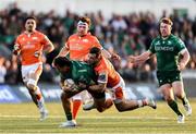 10 May 2025; Shayne Bolton of Connacht is tackled by Wes Goosen of Edinburgh during the United Rugby Championship match between Connacht and Edinburgh at Dexcom Stadium in Galway. Photo by Thomas Flinkow/Sportsfile