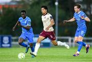 9 May 2025; Moses Dyer of Galway United in action against James Olayinka and Sam Glenfield of Waterford during the SSE Airtricity Men's Premier Division match between Waterford and Galway United at the Regional Sports Centre in Waterford. Photo by Matt Browne/Sportsfile