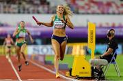 11 May 2025; Sharlene Mawdsley of Ireland crosses the line to win the women's 4x400m World Championship Qualifying Round 2 and qualify for the 2025 Tokyo World Athletics Championships during day two of the 2025 World Athletics Relays at Guangdong Olympic Stadium in Guangzhou, China. Photo by Nikola Krstic/Sportsfile
