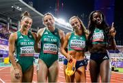 11 May 2025; The Ireland women's 4x400m relay team, from left, Sophie Becker, Rachel McCann, Sharlene Mawdsley and Rhasidat Adeleke after winning the women's 4x400m World Championship Qualifying Round 2 and qualifying for the 2025 Tokyo World Athletics Championships during day two of the 2025 World Athletics Relays at Guangdong Olympic Stadium in Guangzhou, China. Photo by Nikola Krstic/Sportsfile