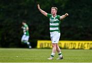 11 May 2025; Ben Murphy of Castlebar Celtic celebrates as team-mate Dylan Edwards, not pictured, scores their side's second goal during the Sports Direct Men’s FAI Cup first round match between North End United and Castlebar Celtic at Hollygrove Townparks in Wexford. Photo by Tyler Miller/Sportsfile