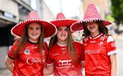 11 May 2025; Louth supporters Kate Murphy, left, Ava Murphy, centre, and Caoimhe Gaskin before the Leinster GAA Football Senior Championship final match between Louth and Meath at Croke Park in Dublin. Photo by Ramsey Cardy/Sportsfile