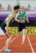 11 May 2025; Conor Kelly of Ireland, right, competing in the men's 4x400m World Championship Qualifying Round 2 during day two of the 2025 World Athletics Relays at Guangdong Olympic Stadium in Guangzhou, China. Photo by Nikola Krstic/Sportsfile