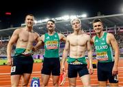 11 May 2025; The Ireland men's 4x400m relay team, from left, Jack Raftery, Cillín Greene, Conor Kelly and Chris O'Donnell after competing in the men's 4x400m World Championship Qualifying Round 2 during day two of the 2025 World Athletics Relays at Guangdong Olympic Stadium in Guangzhou, China. Photo by Nikola Krstic/Sportsfile