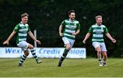 11 May 2025; Dylan Edwards of Castlebar Celtic, centre, celebrates after scoring his side's third goal during the Sports Direct Men’s FAI Cup first round match between North End United and Castlebar Celtic at Hollygrove Townparks in Wexford. Photo by Tyler Miller/Sportsfile