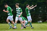 11 May 2025; Dylan Edwards of Castlebar Celtic, right, celebrates after scoring his side's third goal during the Sports Direct Men’s FAI Cup first round match between North End United and Castlebar Celtic at Hollygrove Townparks in Wexford. Photo by Tyler Miller/Sportsfile