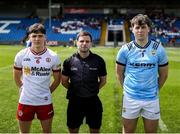 11 May 2025; Referee Barry Judge with Tyrone captain Joey Clarke and Kerry captain Michael Tansley before the Dalata Hotel Group GAA Football All-Ireland U20 Championship semi-final match between Kerry and Tyrone at Laois Hire O'Moore Park in Portlaoise, Laois. Photo by Thomas Flinkow/Sportsfile