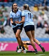 11 May 2025; Éilish O'Dowd of Dublin, left, celebrates with team-mate Chloe Darby after scoring their side's second goal during the TG4 Leinster LGFA Senior Football Championship final match between Dublin and Meath at Croke Park in Dublin. Photo by Piaras Ó Mídheach/Sportsfile