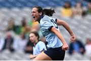 11 May 2025; Hannah Tyrrell of Dublin celebrates scoring her side's first goal during the TG4 Leinster LGFA Senior Football Championship final match between Dublin and Meath at Croke Park in Dublin. Photo by Piaras Ó Mídheach/Sportsfile