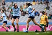 11 May 2025; Hannah Tyrrell of Dublin celebrates scoring her side's first goal during the TG4 Leinster LGFA Senior Football Championship final match between Dublin and Meath at Croke Park in Dublin. Photo by Piaras Ó Mídheach/Sportsfile