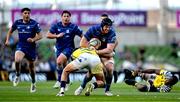 10 May 2025; Ryan Baird of Leinster is tackled by Giovanni Montemauri of Zebre Parma during the United Rugby Championship match between Leinster and Zebre Parma at the Aviva Stadium in Dublin. Photo by Brendan Moran/Sportsfile