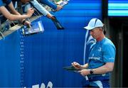 10 May 2025; Leinster head coach Leo Cullen signs autographs before the United Rugby Championship match between Leinster and Zebre Parma at the Aviva Stadium in Dublin. Photo by Brendan Moran/Sportsfile