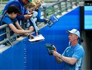 10 May 2025; Leinster head coach Leo Cullen signs autographs before the United Rugby Championship match between Leinster and Zebre Parma at the Aviva Stadium in Dublin. Photo by Brendan Moran/Sportsfile