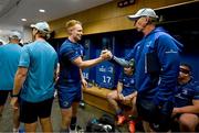10 May 2025; Ciarán Frawley is congratulated on earning his 100th cap for Leinster by head coach Leo Cullen after the United Rugby Championship match between Leinster and Zebre Parma at the Aviva Stadium in Dublin. Photo by Brendan Moran/Sportsfile