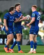 10 May 2025; Leinster players, from left, John McKee, Jordie Barrett and Ciarán Frawley during the United Rugby Championship match between Leinster and Zebre Parma at the Aviva Stadium in Dublin. Photo by Brendan Moran/Sportsfile
