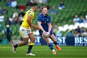 10 May 2025; Ciarán Frawley of Leinster in action against Filippo Drago of Zebre Parma during the United Rugby Championship match between Leinster and Zebre Parma at the Aviva Stadium in Dublin. Photo by Brendan Moran/Sportsfile