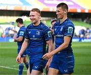 10 May 2025; Ciarán Frawley, left, and Sam Prendergast of Leinster after the United Rugby Championship match between Leinster and Zebre Parma at the Aviva Stadium in Dublin. Photo by Brendan Moran/Sportsfile
