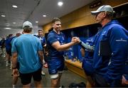 10 May 2025; Diarmuid Mangan, left, and Leinster head coach Leo Cullen after the United Rugby Championship match between Leinster and Zebre Parma at the Aviva Stadium in Dublin. Photo by Brendan Moran/Sportsfile