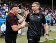11 May 2025; Tyrone manager Paul Devlin and Kerry manager Tomás Ó Se shake hands after the Dalata Hotel Group GAA Football All-Ireland U20 Championship semi-final match between Kerry and Tyrone at Laois Hire O'Moore Park in Portlaoise, Laois. Photo by Thomas Flinkow/Sportsfile
