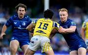 10 May 2025; Ciarán Frawley of Leinster tackles Jacopo Trulla of Zebre Parma during the United Rugby Championship match between Leinster and Zebre Parma at the Aviva Stadium in Dublin. Photo by Brendan Moran/Sportsfile