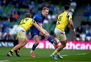 10 May 2025; Ciarán Frawley of Leinster in action against Scott Gregory of Zebre Parma and Alessandro Fusco of Zebre Parma during the United Rugby Championship match between Leinster and Zebre Parma at the Aviva Stadium in Dublin. Photo by Brendan Moran/Sportsfile