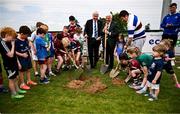 11 May 2025; IRFU Junior vice-president Tony O'Byrne, right, and Leinster rugby president Declan Gardiner turn the first sod alongside members of the Stillorgan Rathfarnham RFC underage players during the opening ceremony for the new Stillorgan Rathfarnham RFC Clubhouse at Stillorgan Rathfarnham RFC in Stillorgan, Dublin. Photo by Ben McShane/Sportsfile