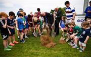 11 May 2025; IRFU Junior vice-president Tony O'Byrne, right, and Leinster rugby president Declan Gardiner turn the first sod alongside members of the Stillorgan Rathfarnham RFC underage players during the opening ceremony for the new Stillorgan Rathfarnham RFC Clubhouse at Stillorgan Rathfarnham RFC in Stillorgan, Dublin. Photo by Ben McShane/Sportsfile