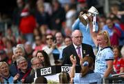 11 May 2025; Dublin captain Carla Rowe lifts The Mary Ramsbottom Cup after her side's victory in the the TG4 Leinster LGFA Senior Football Championship final match between Dublin and Meath at Croke Park in Dublin. Photo by Piaras Ó Mídheach/Sportsfile