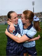 11 May 2025; Dublin goalkeeper Abby Shiels, left, and Lauren Magee celebrate after the TG4 Leinster LGFA Senior Football Championship final match between Dublin and Meath at Croke Park in Dublin. Photo by Ramsey Cardy/Sportsfile