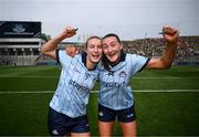 11 May 2025; Lauren Magee, left, and Niamh Hetherton of Dublin celebrate after the TG4 Leinster LGFA Senior Football Championship final match between Dublin and Meath at Croke Park in Dublin. Photo by Ramsey Cardy/Sportsfile